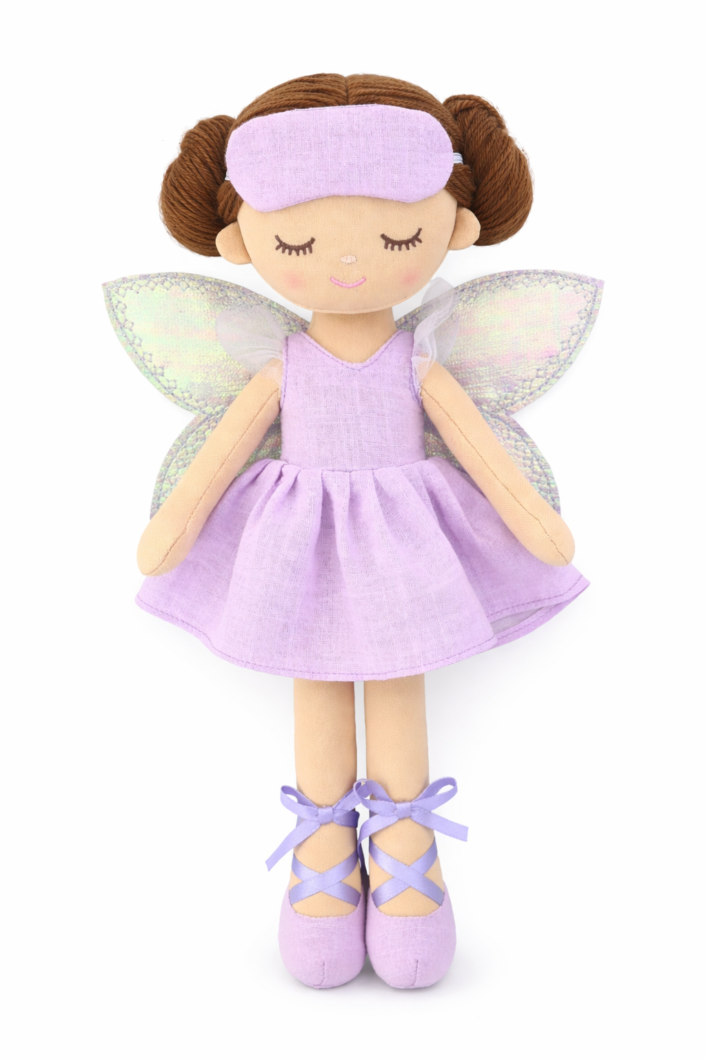 Fairy doll with purple dress and wings on a white background